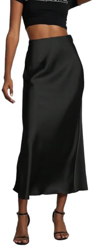 OLIPHEE Gonna Donna Lunga Raso Elegante Maxi Gonne da Donna Solida Colore Elastica Vita Alta A-Line Skirt in Satin Casual Vestiti Vacanza Business Nero M