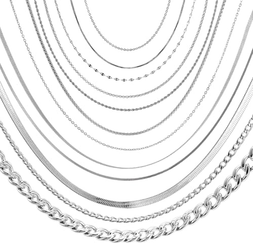 NBEADS 12 Styles 304 Stainless Steel Chain Necklace, 45-60.5cm Snake Chains Box Chain Necklaces Rolo Chain Curb Link Chains Cable Chain Necklace for DIY Jewelry Making Supplies