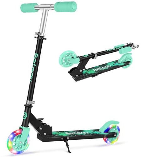 BELEEV V1 Scooter for Kids, 2 Wheels Folding Kick Scooter for Children Girl and Boys, 3 Adjustable Height, Flashing Light up Wheels, Lightweight Scooter with Sturdy Frame, Age 3-12(Aqua Black)