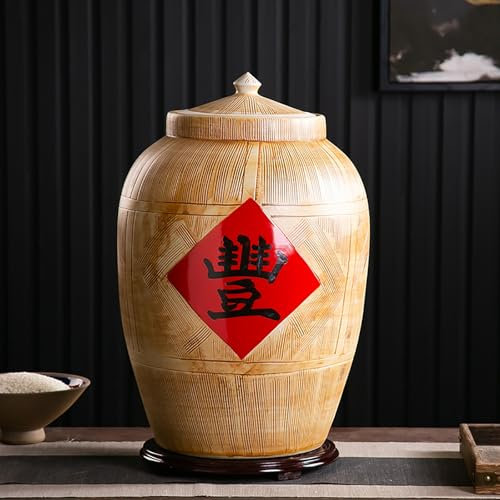 Ceramic Rice Bucket With Lid Grain Storage Container Kitchen Sealed Jar Grain Dispenser(15KG) Rice Storage Containe Ceramic Chinese Design Rice Bucket Large Food Storage Bin For Rice Flour Pet Food(A,