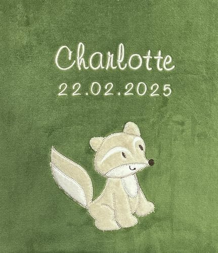 KIDDI-MEDIA Babydecke mit Name und Geburtsdatum Bestickt, Olivgrün, Fuchs | Mit Name und Geburtsdatum, Bestickt / kuschelig weich, ÖKO-TEX® Standard 100