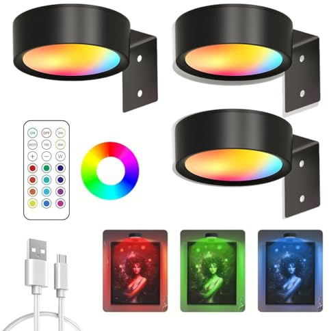 Magnetisches Mallicht Mit 13 Beleuchtungsmodi, Magnetische LED Bilderleuchte, Bilderleuchte Kabellos Mit Fernbedienung Und Timer, für Bilder Dartboard Fotorahmen Portrait (Schwarz-13-Farben, 3Pcs)