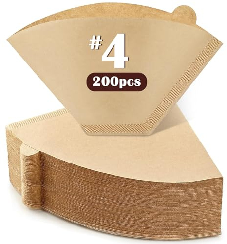 Lot de 200 filtres à café coniques #4 de 8 à 12 tasses, filtres à café naturels, 4 cônes en papier pour cafetière, non blanchi, sans chlore