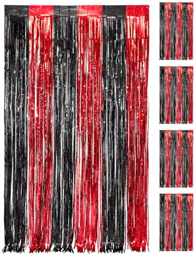 PVEGOS 4PCs 3.3 x 8.3 ft Black and Red Glitter Tinsel Curtains Foil Curtain Backdrop Fringe Streamers for Party Birthday Decoration and School Events