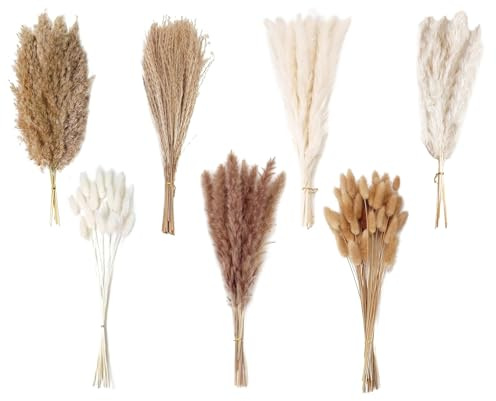125 Stück Getrocknete Pampasgras Deko Natürliche Schilfgrasstrauß Boho Blumen mit Hasenschwanz Schilfgras für Hochzeiten, Baby Dusche Heimdekoration Rustikale Trockenblumen Arrangements