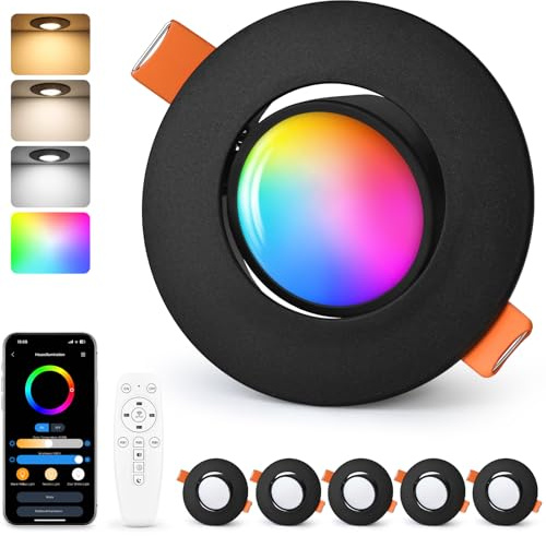 GeyouLux LED Recessed Spotlight RGB Black, Smart LED Spotlights 230V 2700K-6500K Dimmable with App & Remote Control, 68-80mm 5W IP44 Ultra-flat, 45° Rotatable Recessed Lights for Living Room, 6 Pieces