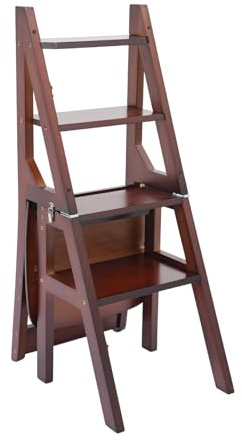 QIERF 4-Stufen Klappbarer Tritthocker 2-in-1 Holz Trittleiter und Stuhl Klappbar Holztrittleiter 100kg Tragfähigkeit Sicherheitsverriegelung für Küche, Wohnzimmer (Walnussbraun, 35 * 46 * 90cm)