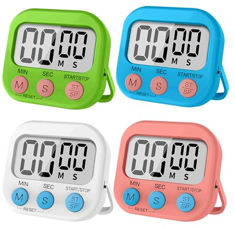 SJACXANM Minuteur De Cuisine, 4PCS Minuteur, Digital Kitchen Timer Magnetic, Timer avec Grand écran LCD, 4 Couleurs avec Support Pliable Convient, MinuteurAimanté pour Cuisine, étudier,Gymnase