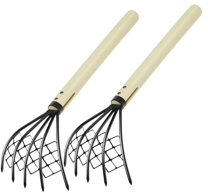Homoyoyo 2 pezzi Rastrello Mano con Denti e Rete Maglia Fine Attrezzo Spiaggia per Raccogliere Gusci e Vongole Manico in Legno Ergonomico per Uso Confortevole e Resistente