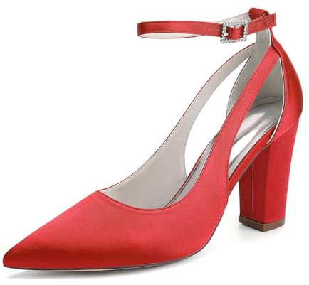 HFWXYSA Scarpe da Sposa da Donna in Raso Strass per La Sposa Tacco A Punta Tacchi da Sposa Scarpe da Sera da Donna,Rosso,35 EU