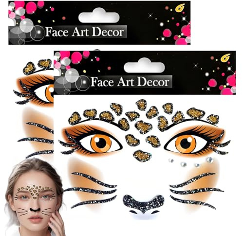 THQAE 2 Stück Face Art Sticker Leopard, Temporäres Glitter Gesichtstattoo, Temporäre Leopard Tattoos Set, Glitzer Tattoo Set für Fasching, Karneval und Motto Partys