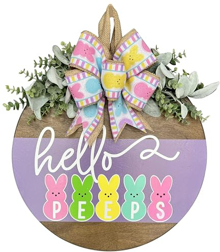 Easter Wreaths for Front Door, Easter Bunny Peeps Welcome Door Wood Hanger Wreath Sign Home Rustic Farmhouse Decoration Outside Indoor (Hello Peeps)