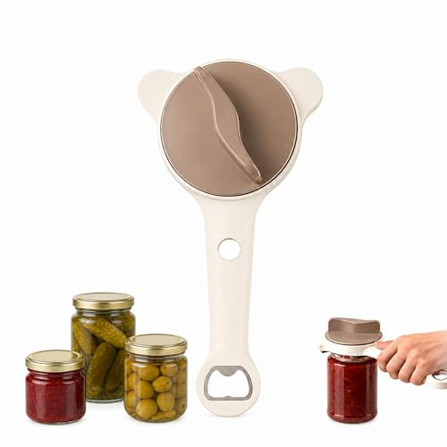 Sukizifa Abridor de latas Manual 4 en 1, abridor de tarros y Botellas Multifuncional con Mango ergonómico para tarros, latas y Tapas, Beige marrón