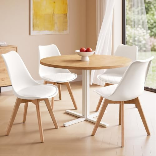 VASAGLE Esszimmerstühle aus PU-Leder und Buchenholz, Gepolsterte Küchenstühle, 4er Set, 46,5 x 57 x 79 cm, Weiß, für Esszimmer und Büro, Lenna Kollektion KDC888WD01