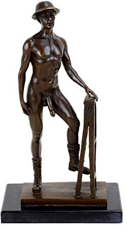 Kunst & Ambiente - Erotische Bronzefigur - Nackter Mann mit Hut und Stiefeln - signiert - M. Nick - Gay Skulptur - Männer Akt - Deko Figuren