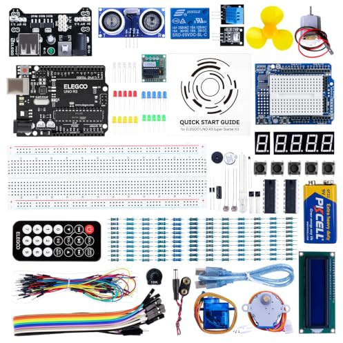 ELEGOO UNO R3 Super Starter Kit kompatibel mit Arduino IDE Projekt | Einsteigerset Tutorial auf Deutsch, Mikrocontroller, 5V-Relais, Stromversorgungsmodul, Servomotor, Erweiterungsplatine usw