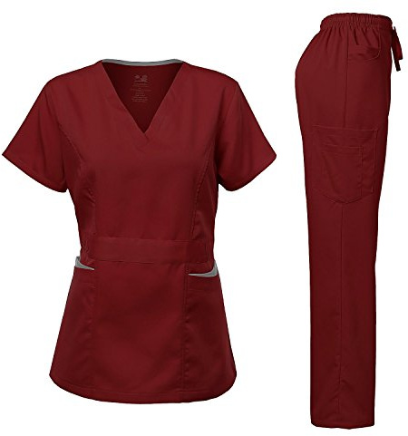 Dagacci Medical Uniform Medical Uniform Women's Scrubs Set Stretch Contrast Pocket Burgundy M