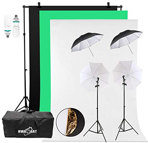 Photography Umbrella Lights Kit Studio Umbrella Kit, Background Stand Support Kit with 3xBackdrops and 2xLight Bulbs, Umbrella Continuous Lighting Photo Studio Equipment for Photo Video Shoot