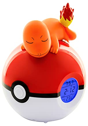 Teknofun - Réveil Lumineux Pokémon - Salamèche Qui Dors sur Une Pokéball - Multifonction - Donne l'Heure et Décore - Orange, Rouge et Blanc - pour Enfants, Collectionneurs
