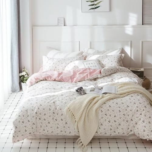 VCLIFE påslakanset i drottning, rosa vita blommiga sängkläder, vintage stil, blommiga grenar, mönster, påslakan med blixtlåsstängning, 1 påslakan 2 örngott