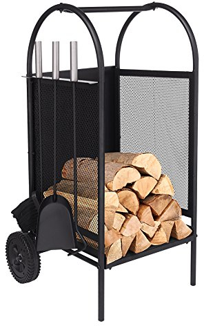 ART TO REAL Brennholz Warenkorb mit Rädern,Brennholzregal Innen Firewood Log Rack mit 3 Tools Kamin Log Carriers Inhaber schwarz Schmiedeeisen Kaminholzwagen mit Rädern
