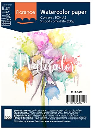 Florence 2911-3002 Aquarellpapier A5 in Elfenbein Weiß, aus 200 g/m² Glattem Papier, 100 Blatt für Aquarellmalerei, Handlettering und Brush Lettering, stück