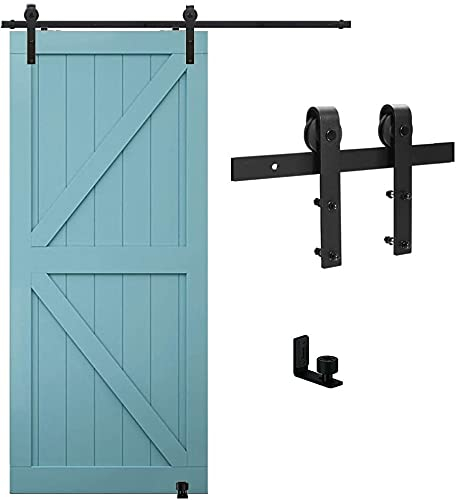TSMST 183cm Schiebetürsystem Komplett-Set für Schiebetüren mit Bodenführung Schwarz Schienen-Kit Passend für eine einzelne Holztür, J-Form