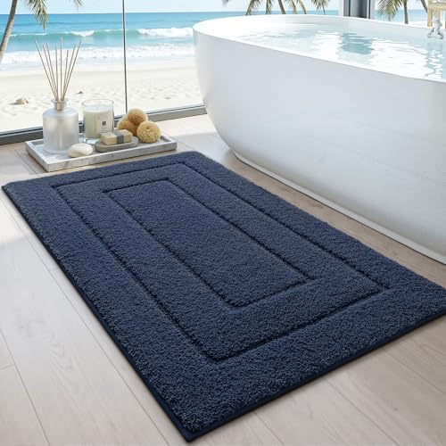 DEXI Bathroom Rug 43x24, Non Slip Washable Bath Mat for Shower Floor, Extra Large Absorbent Soft Bathmat with Rubber Backing, Quick Dry Microfiber Carpet, Navy