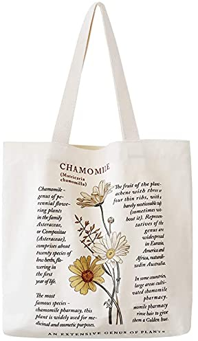 Kamille Stofftasche, Lange Henkel Stofftasche, Umweltschutztasche aus Canvas, Mit Reißverschluss und kleinen Seitentaschen für den täglichen Gebrauch, Einkaufen, Reisen und zur Schule