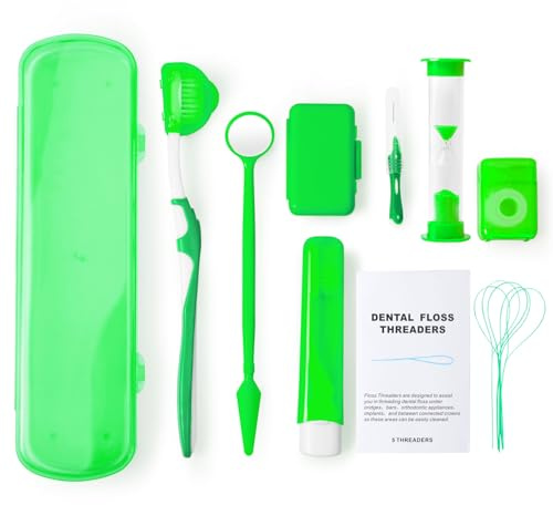 Annhua Braces Cleaning Kit 8 Pack, Orthodontic Travel Dental Care Set with Interdental Brushes, Brace Wax, Floss Threader, Oral Mirror & Timer - Portable for Teeth Aligners, Retainers - Green