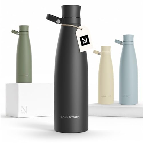 LARS NYSØM Trinkflasche Edelstahl 1000ml | Isolierflasche 1 Liter | Auslaufsichere Wasserflasche für Sport, Fahrrad, Hund (Carbon Black, 1000ml)