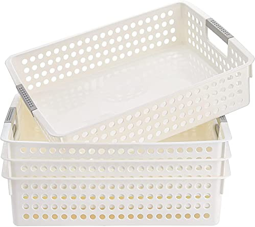 BSTMOME Aufbewahrungskorb aus Kunststoff, A4, rechteckig, flach, ideal für Wohnzimmer, Büro, Badezimmer, Schlafzimmer, 35,6 x 25,4 x 8,6 cm, Weiß, 4 Stück