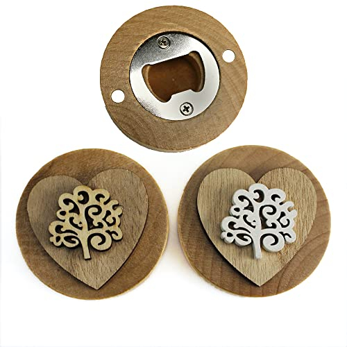 DLM32806 (Kit 6 Pezzi) Apri Bottiglie Apribottiglie con Calamita Moderno Design Tondo in Legno + Scatolina in bambù Albero della Vita Nozze Matrimonio Comunione bomboniera