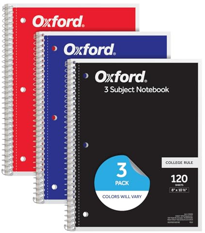 Oxford Spiral Notebooks, 3 Pack, 3 Subject, College Ruled Notebooks for School, 8 x 10.5 Inches, 120 Sheets, 2 Dividers, Assorted Colors, Back to School Supplies (65202)