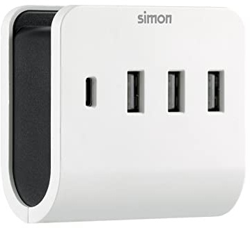 SIMON - Adaptateur avec support, chargeur multiple avec 4 ports USB (3 A + 1 C), 4,8 A, support pour smartphone et Smart Charge, couleur blanc et noir