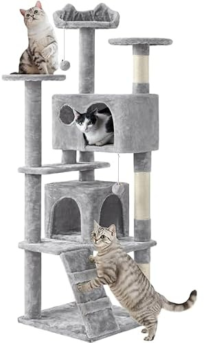 Yaheetech Árbol Rascador para Gatos de 158 cm con Plataforma Torre Escalador para 1-3 Gatos Medianos con Bolas 49x49x158 cm Gris Oscuro Gris Claro