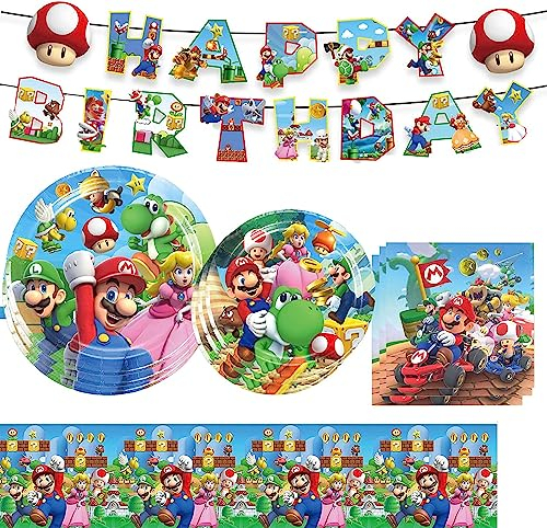 Klassische Animation Pappteller Kindergeburtstag, Gamefilm Partygeschirr 42-Teiliges Party Geschirrset für Geburtstagsdeko-1 Tischdecke, 10 Teller 9 , 10 Teller 7, 1 Banner, 20 Servietten
