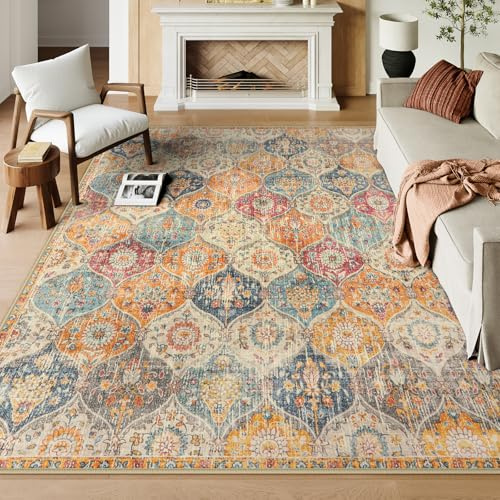 Lahome Moroccan Washable Area Rugs 9x12 Living Room, Soft 9x12 Area Rug for Bedroom, Oriental Non-Slip Non Shedding Throw Large Carpet for Dining Room Office Elise, Cream/Multi