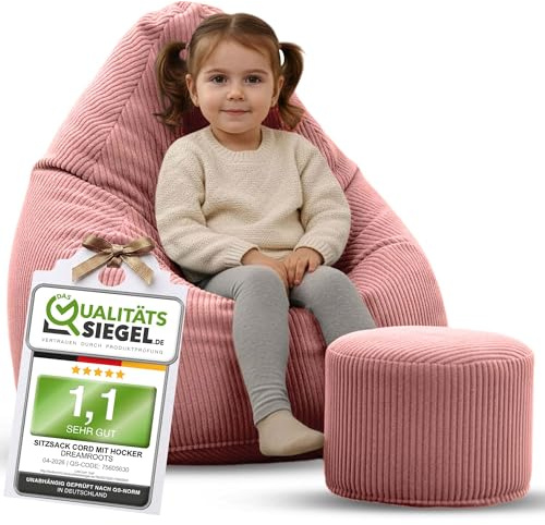 DreamRoots Sitzsack Kinder Cord 70x70x105 mit Hocker, Ginger Spice | Bean Bag Chair mit Hocker, Lehne & Bezug, mit Füllung, Sitzkissen Boden, Kindersitzsack Kinderzimmer