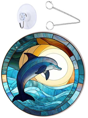1 Set Dolphin Jumping Moon Window Hanging Round Acrylic Stained Glass Suncatcher Hand Painted Wall Art Panel Decoration For Home Porch Door Office Bedroom