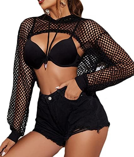 Avidlove Sweat-Shirt Court À Manches Longues en Résille pour Femmes avec Capuche Noir M