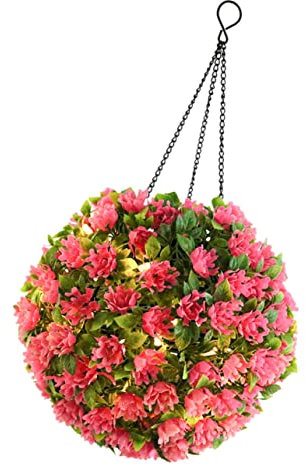 Garneck Solar Powered Hanging Topiary Ball with LED Light Artificial Pink Flower Grass Ball Outdoor Garden Patio Wedding Decoration Faux Plants Sphere Lamp Iron Globe 42.5x22cm Warm White Lighting
