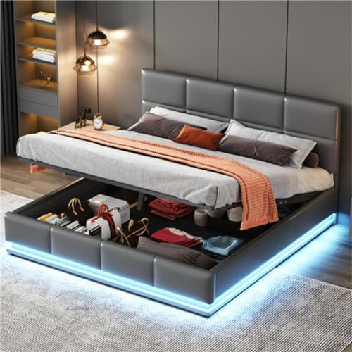 Modernes Polsterbett Mit Led-Beleuchtung, Metalllattenrahmen Und Stauraum, Verstellbarem Kopfteil Und Hydraulischem Stauraum, 160 X 200 cm, Grau (ohne Matratze)