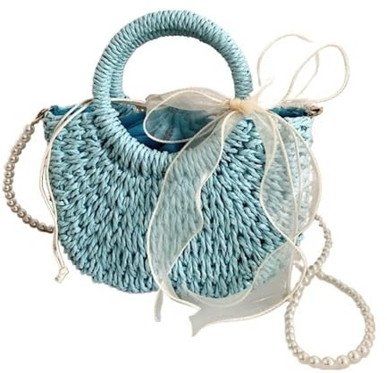 MBACODAI Strohtasche for Frauen Riemen Lady Strandtasche gewebt handgemachte Schultertasche Top-Griff Tasche Damen Körbe(Color:Blau)