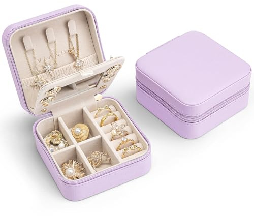 Vlando Schmuckkästchen aus Kunstleder, klein, für Ringe, Ohrringe, Halsketten, mit Spiegel, Violett