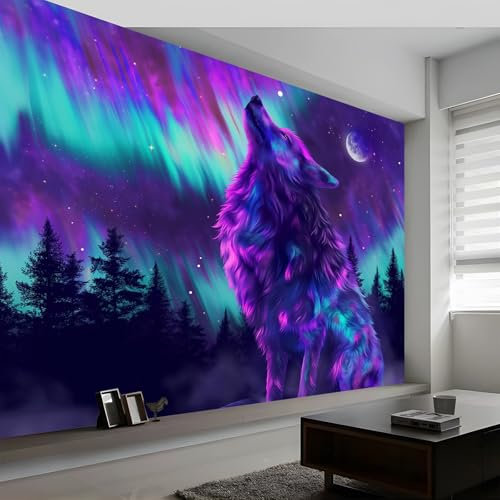 Fototapeten Neonkunst Tier Wolf Mond Wandtapete B200 x H140 cm, Lila Vliestapete Wandbilder Tapete 3D Effekt für Wohnzimmer Schlafzimmer Kinderzimmer Wanddekoration Kindertapete