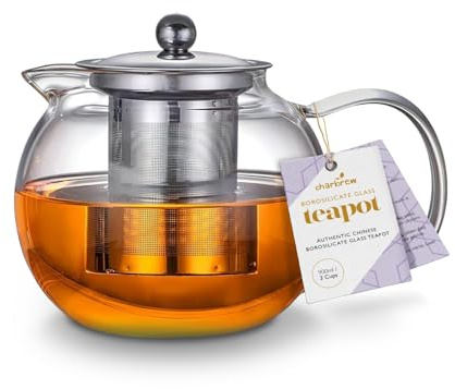 Charbrew 900ml Round Glass Teapot with Infuser - Borosilicate Glass | Loose Leaf Tea, Teabags & Blooming Tea, Serves 4 Cups, Dishwasher Safe