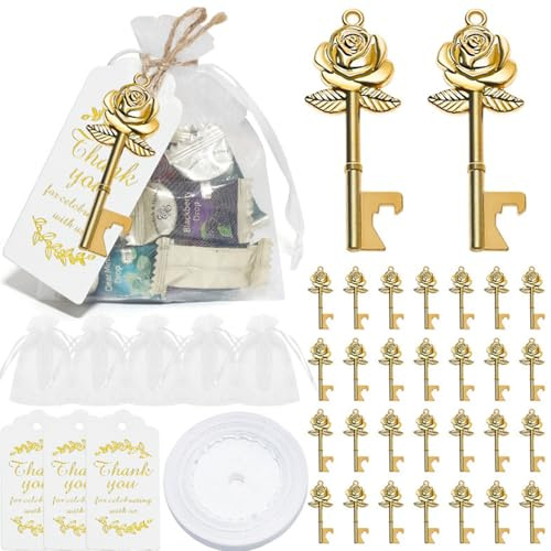 Sonhomay Flaschenöffner in Rosenform, 50 Stück, Hochzeitsgeschenke mit Süßigkeitenanhänger und Band für Hochzeit, Party, Brautpartys, Dekorationen, Gäste