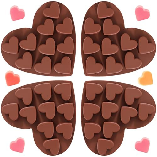 YXHZVON 4 Moldes de Silicona para Chocolate, Antiadherentes en Forma de CorazóN con 10 Cavidades, Molde de Silicona Praliné para Hacer Pasteles, Gelatinas, Magdalenas, dia de San Valentín (Rojo)