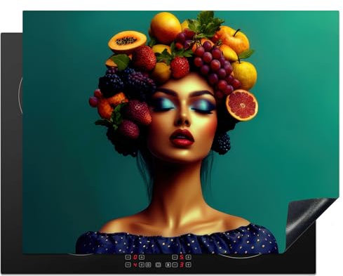 KitchenYeah© Induction Hob Protector Mat 23.2x30.3 / 77x59 cm Cooker Top Protectors Cover Ceramic Covers Electric Hobs Vinyl Woman - Headdress - Tropical - Fruit - Grapes